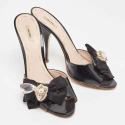 Miu Miu Black Patent Leather Crystal Embellished Bow Slide Sandals Size 39