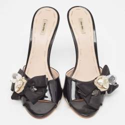 Miu Miu Black Patent Leather Crystal Embellished Bow Slide Sandals Size 39