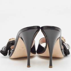 Miu Miu Black Patent Leather Crystal Embellished Bow Slide Sandals Size 39