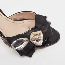 Miu Miu Black Patent Leather Crystal Embellished Bow Slide Sandals Size 39