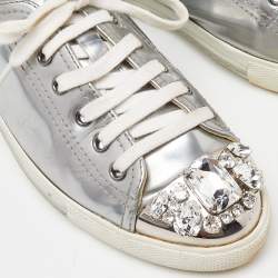 Miu Miu Silver Patent Leather Crystal Embellished Cap-Toe Low-Top Sneakers Size 38.5