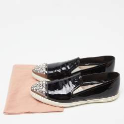 Miu Miu Black Patent Leather Crystals Embellished Slip On Loafers Size 38