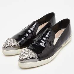 Miu Miu Black Patent Leather Crystals Embellished Slip On Loafers Size 38