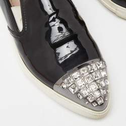 Miu Miu Black Patent Leather Crystals Embellished Slip On Loafers Size 38