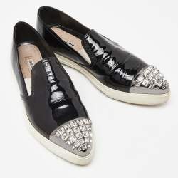 Miu Miu Black Patent Leather Crystals Embellished Slip On Loafers Size 38