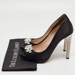Miu Miu Black Satin Crystal Embellished Open Toe Pumps Size 40.5