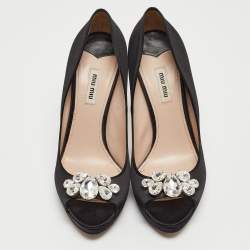 Miu Miu Black Satin Crystal Embellished Open Toe Pumps Size 40.5