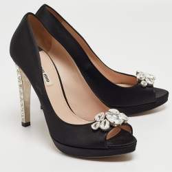 Miu Miu Black Satin Crystal Embellished Open Toe Pumps Size 40.5