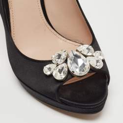 Miu Miu Black Satin Crystal Embellished Open Toe Pumps Size 40.5