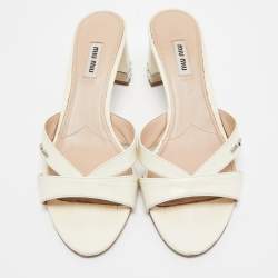 Miu Miu Off White Croc Embossed Leather Slide Sandals Size 41