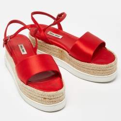 Miu Miu Red Satin Espadrille Ankle Strap Platform Sandals Size 38
