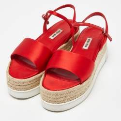 Miu Miu Red Satin Espadrille Ankle Strap Platform Sandals Size 38