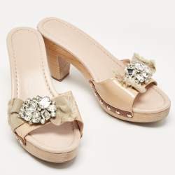 Miu Miu Beige Patent Leather Crystal Embellished Clogs Size 38