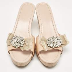 Miu Miu Beige Patent Leather Crystal Embellished Clogs Size 38