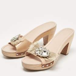 Miu Miu Beige Patent Leather Crystal Embellished Clogs Size 38