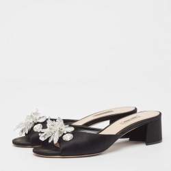 Pre Owned Miu Miu Black Satin Crystal  Embellished Peep Toe Sandals Size 41