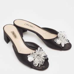 Pre Owned Miu Miu Black Satin Crystal  Embellished Peep Toe Sandals Size 41