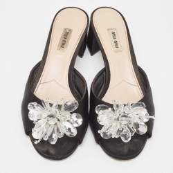 Pre Owned Miu Miu Black Satin Crystal  Embellished Peep Toe Sandals Size 41