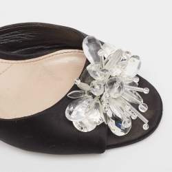 Pre Owned Miu Miu Black Satin Crystal  Embellished Peep Toe Sandals Size 41