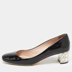 Miu Miu Black Patent Leather Crystal Embellished Block Heel Pumps Size 40
