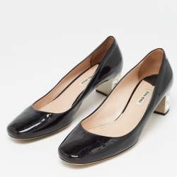 Miu Miu Black Patent Leather Crystal Embellished Block Heel Pumps Size 40