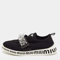 Miu Miu Black Fabric and Satin Crystal Embellished Slip On Sneakers Size 38.5