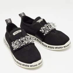 Miu Miu Black Fabric and Satin Crystal Embellished Slip On Sneakers Size 38.5
