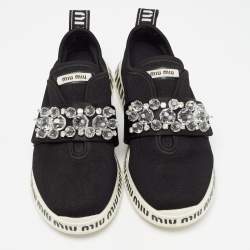 Miu Miu Black Fabric and Satin Crystal Embellished Slip On Sneakers Size 38.5
