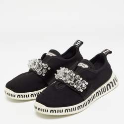Miu Miu Black Fabric and Satin Crystal Embellished Slip On Sneakers Size 38.5