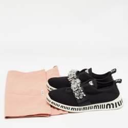 Miu Miu Black Fabric and Satin Crystal Embellished Slip On Sneakers Size 38.5