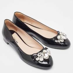 Miu Miu Black Patent Leather Crystal Embellished Ballet Flats Size 39