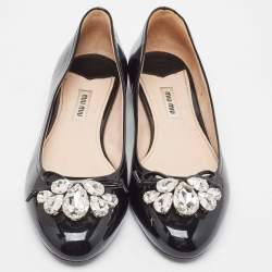 Miu Miu Black Patent Leather Crystal Embellished Ballet Flats Size 39