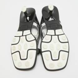 Pre Owned Miu Miu Black/White Patent and Leather Logo Slide Sandals Size 40.5