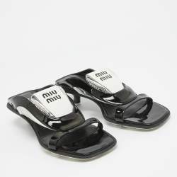 Pre Owned Miu Miu Black/White Patent and Leather Logo Slide Sandals Size 40.5