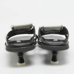 Pre Owned Miu Miu Black/White Patent and Leather Logo Slide Sandals Size 40.5