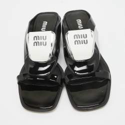 Pre Owned Miu Miu Black/White Patent and Leather Logo Slide Sandals Size 40.5