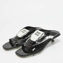 Pre Owned Miu Miu Black/White Patent and Leather Logo Slide Sandals Size 40.5