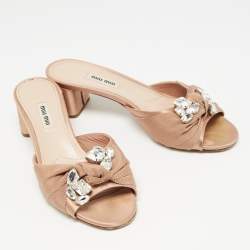 Pre Owned Miu Miu Beige Satin Crystal Embellished Sandals Size 38