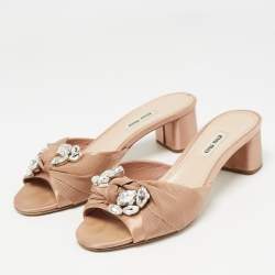 Pre Owned Miu Miu Beige Satin Crystal Embellished Sandals Size 38