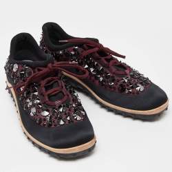 Miu Miu Black Satin Astro Crystal Embellished Low Top Sneakers Size 40