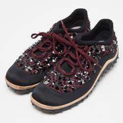 Miu Miu Black Satin Astro Crystal Embellished Low Top Sneakers Size 40
