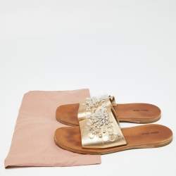 Miu Miu Gold Leather Crystal Embellished Open Toe Flat Slides Size 40