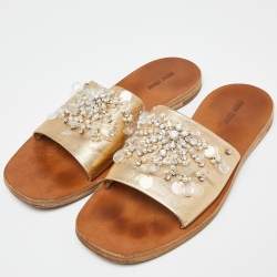 Miu Miu Gold Leather Crystal Embellished Open Toe Flat Slides Size 40