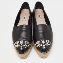 Miu Miu Black Leather Crystal Embelished Platform Espadrilles Flats Size 40