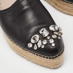 Miu Miu Black Leather Crystal Embelished Platform Espadrilles Flats Size 40