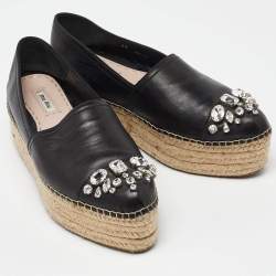 Miu Miu Black Leather Crystal Embelished Platform Espadrilles Flats Size 40