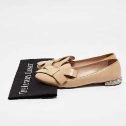 Pre Owned Miu Miu Beige Patent Leather Bow Detail Crystal Embellished Heel Ballet Flats Size 39