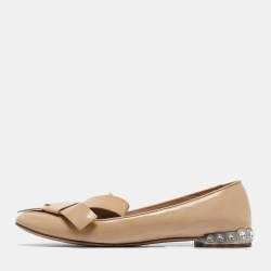 Pre Owned Miu Miu Beige Patent Leather Bow Detail Crystal Embellished Heel Ballet Flats Size 39