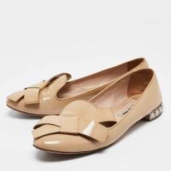 Pre Owned Miu Miu Beige Patent Leather Bow Detail Crystal Embellished Heel Ballet Flats Size 39