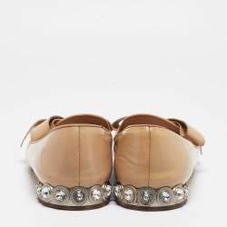 Pre Owned Miu Miu Beige Patent Leather Bow Detail Crystal Embellished Heel Ballet Flats Size 39
